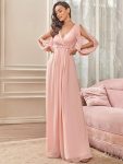 Elegant Chiffon V-Neckline Long Sleeve Formal Evening Dress – Pink