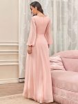 Elegant Chiffon V-Neckline Long Sleeve Formal Evening Dress – Pink