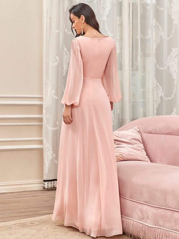 Elegant Chiffon V-Neckline Long Sleeve Formal Evening Dress - Pink