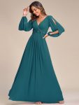 Elegant Chiffon V-Neckline Long Sleeve Formal Evening Dress – Teal