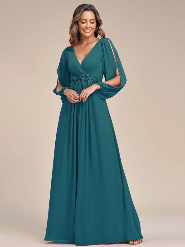 Elegant Chiffon V-Neckline Long Sleeve Formal Evening Dress - Teal