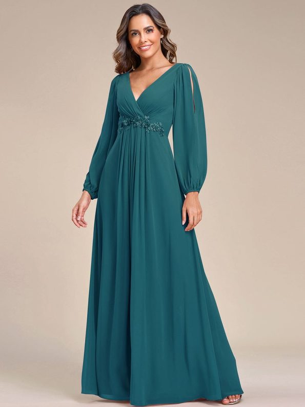 Elegant Chiffon V-Neckline Long Sleeve Formal Evening Dress - Teal