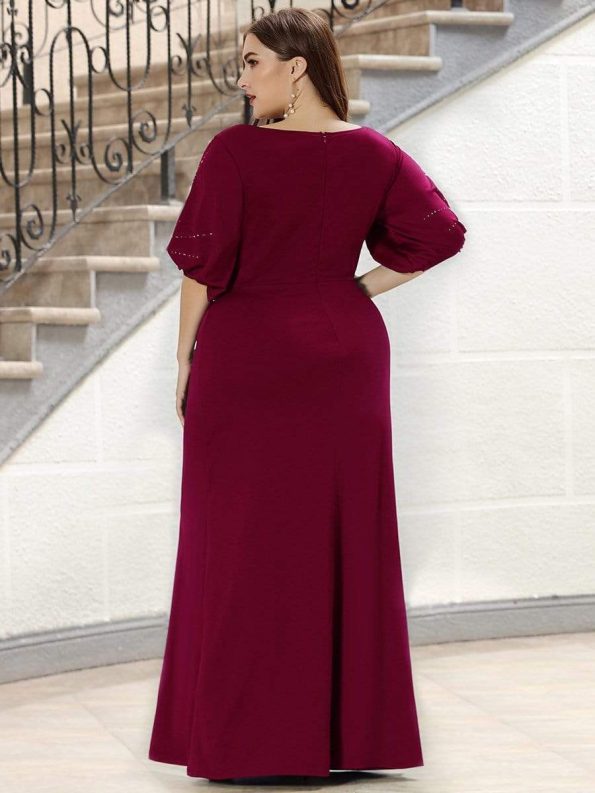 Trendy Round Neck Bodycon Wedding Guest Dress with Sleeves - Burgundy