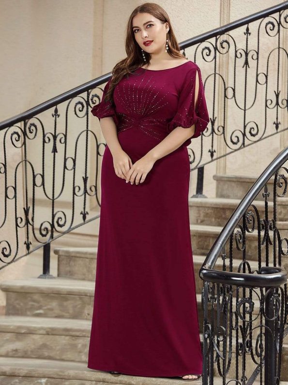 Trendy Round Neck Bodycon Wedding Guest Dress with Sleeves - Burgundy