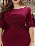 Trendy Round Neck Bodycon Wedding Guest Dress with Sleeves – Burgundy