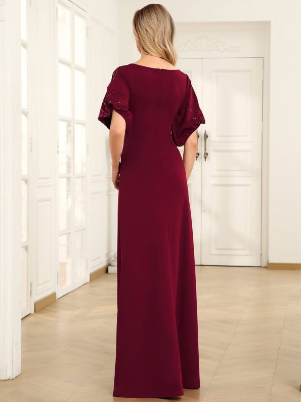 Trendy Round Neck Bodycon Wedding Guest Dress with Sleeves - Burgundy