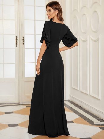 Trendy Round Neck Bodycon Wedding Guest Dress with Sleeves - Black