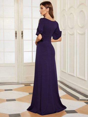 Trendy Round Neck Bodycon Wedding Guest Dress with Sleeves - Dark Purple