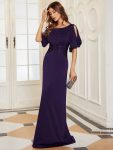 Trendy Round Neck Bodycon Wedding Guest Dress with Sleeves – Dark Purple