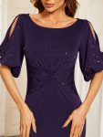 Trendy Round Neck Bodycon Wedding Guest Dress with Sleeves – Dark Purple