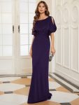 Trendy Round Neck Bodycon Wedding Guest Dress with Sleeves – Dark Purple