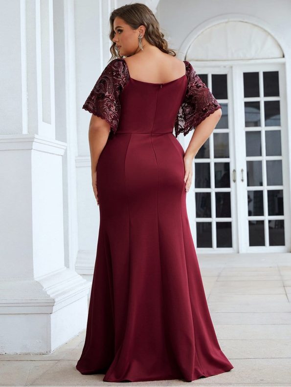 Elegant Plus Size V Neck Fishtail Evening Dress for Women - Burgundy