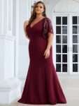 Elegant Plus Size V Neck Fishtail Evening Dress for Women – Burgundy