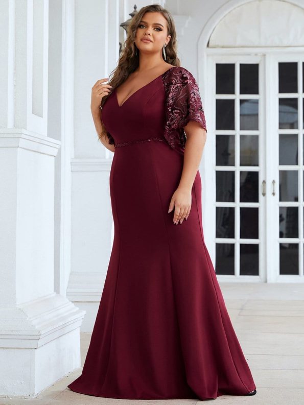 Elegant Plus Size V Neck Fishtail Evening Dress for Women - Burgundy