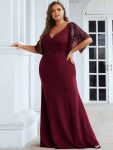 Elegant Plus Size V Neck Fishtail Evening Dress for Women – Burgundy