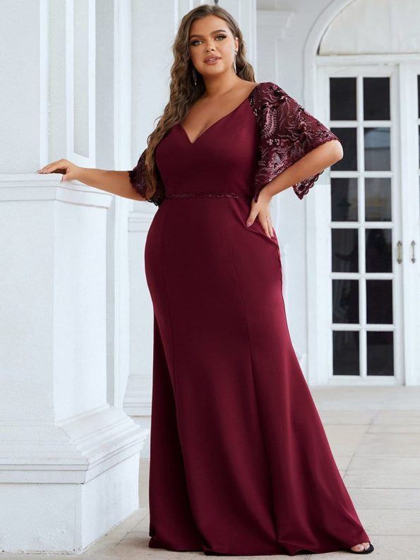 Elegant Plus Size V Neck Fishtail Evening Dress for Women - Burgundy