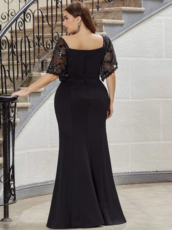 Elegant Plus Size V Neck Fishtail Evening Dress for Women - Black