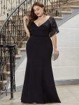 Elegant Plus Size V Neck Fishtail Evening Dress for Women – Black