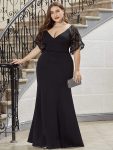 Elegant Plus Size V Neck Fishtail Evening Dress for Women – Black