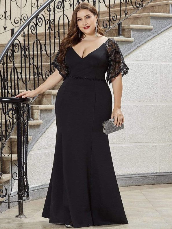 Elegant Plus Size V Neck Fishtail Evening Dress for Women - Black