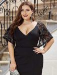 Elegant Plus Size V Neck Fishtail Evening Dress for Women – Black