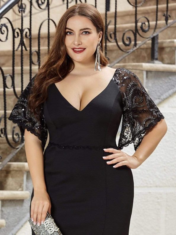 Elegant Plus Size V Neck Fishtail Evening Dress for Women - Black