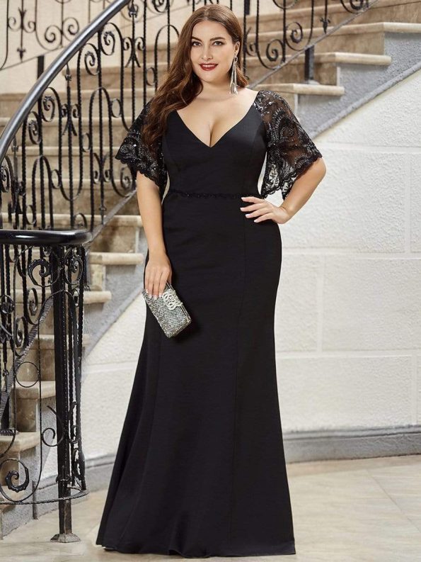 Elegant Plus Size V Neck Fishtail Evening Dress for Women - Black