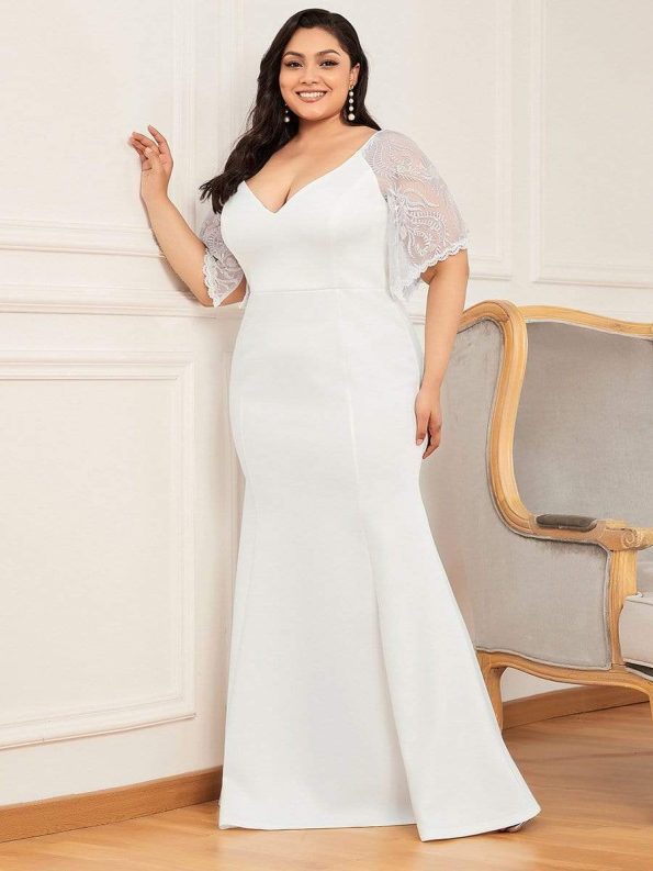 Elegant Plus Size V Neck Fishtail Evening Dress for Women - Cream