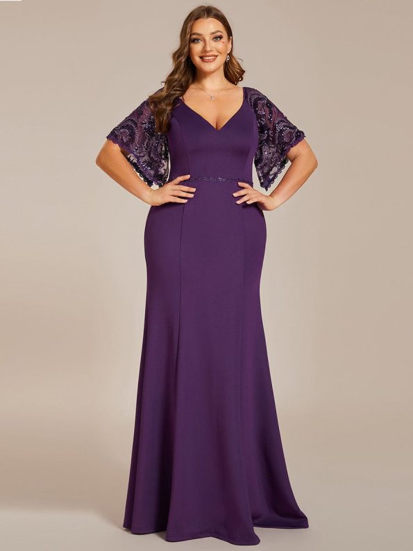 Elegant Plus Size V Neck Fishtail Evening Dress for Women - Dark Purple