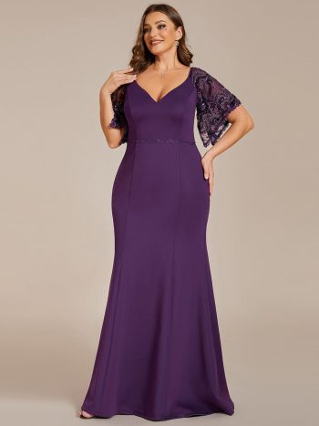 Elegant Plus Size V Neck Fishtail Evening Dress for Women - Dark Purple