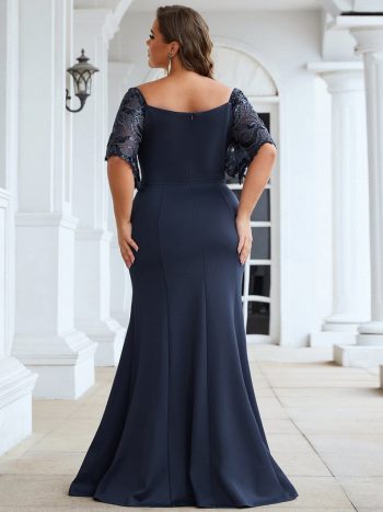 Elegant Plus Size V Neck Fishtail Evening Dress for Women - Navy Blue