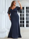 Elegant Plus Size V Neck Fishtail Evening Dress for Women – Navy Blue