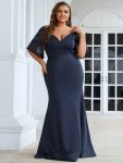 Elegant Plus Size V Neck Fishtail Evening Dress for Women – Navy Blue