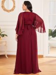 Plus Size Deep V Neck Lace Bodice Long Flowy Evening Dress – Burgundy