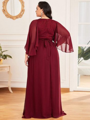 Plus Size Deep V Neck Lace Bodice Long Flowy Evening Dress - Burgundy