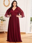 Plus Size Deep V Neck Lace Bodice Long Flowy Evening Dress – Burgundy