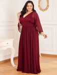 Plus Size Deep V Neck Lace Bodice Long Flowy Evening Dress – Burgundy