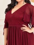 Plus Size Deep V Neck Lace Bodice Long Flowy Evening Dress – Burgundy