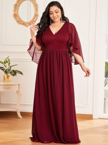 Plus Size Deep V Neck Lace Bodice Long Flowy Evening Dress - Burgundy