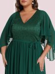 Plus Size Deep V Neck Lace Bodice Long Flowy Evening Dress – Dark Green