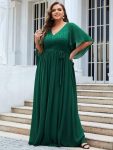 Plus Size Deep V Neck Lace Bodice Long Flowy Evening Dress – Dark Green