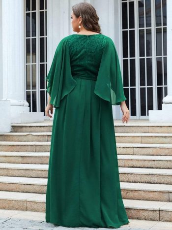 Plus Size Deep V Neck Lace Bodice Long Flowy Evening Dress - Dark Green