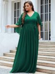 Plus Size Deep V Neck Lace Bodice Long Flowy Evening Dress – Dark Green