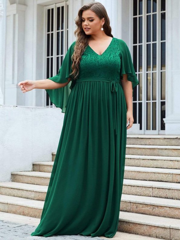 Plus Size Deep V Neck Lace Bodice Long Flowy Evening Dress - Dark Green