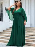 Plus Size Deep V Neck Lace Bodice Long Flowy Evening Dress – Dark Green