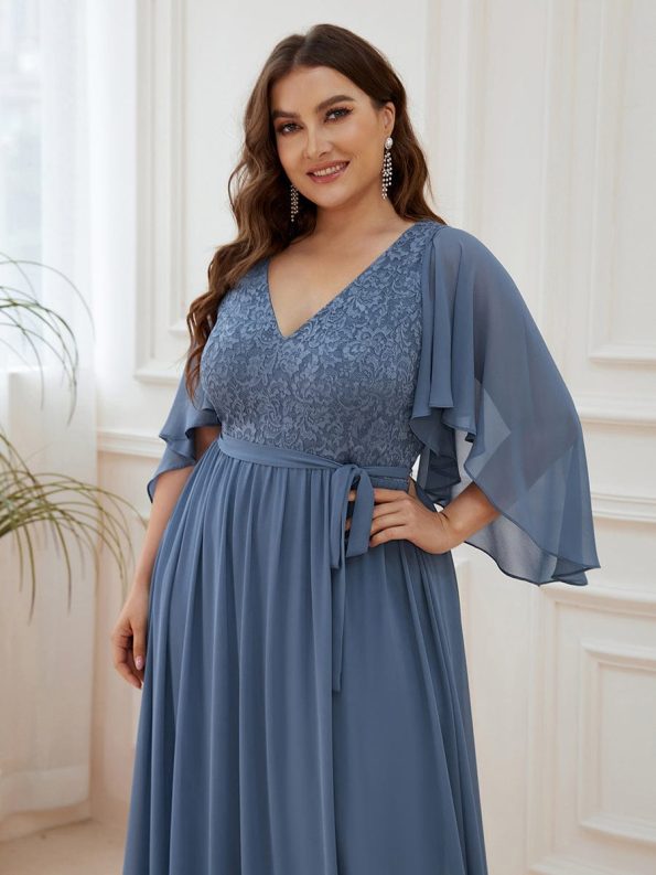 Plus Size Deep V Neck Lace Bodice Long Flowy Evening Dress - Dusty Navy