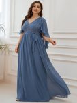 Plus Size Deep V Neck Lace Bodice Long Flowy Evening Dress – Dusty Navy