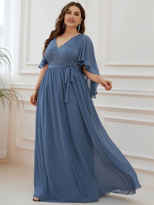 Plus Size Deep V Neck Lace Bodice Long Flowy Evening Dress - Dusty Navy