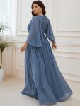 Plus Size Deep V Neck Lace Bodice Long Flowy Evening Dress – Dusty Navy