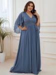 Plus Size Deep V Neck Lace Bodice Long Flowy Evening Dress – Dusty Navy